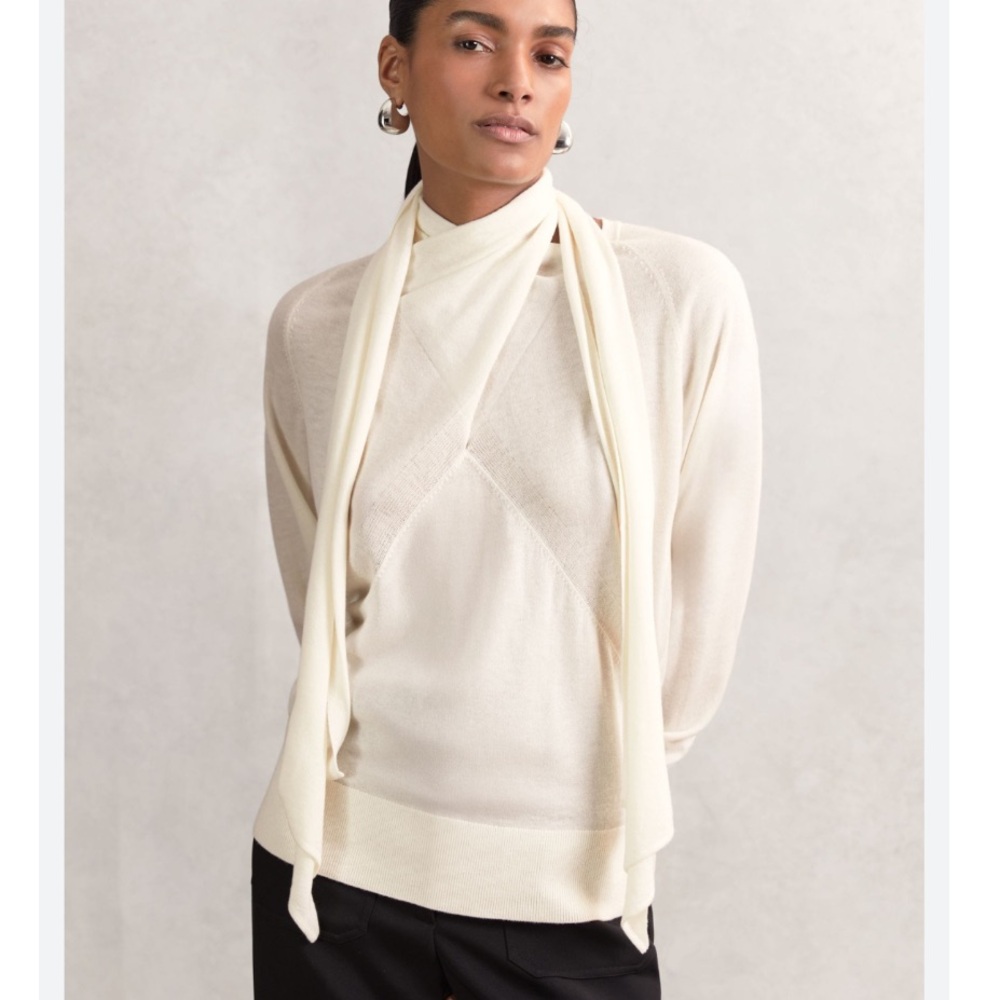 REISS Cream Off White Alexis 100% Wool Scarf Tie Draped Sweater SIZE XL NEW Chic